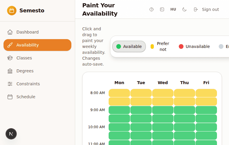 Availability grid with painted time slots