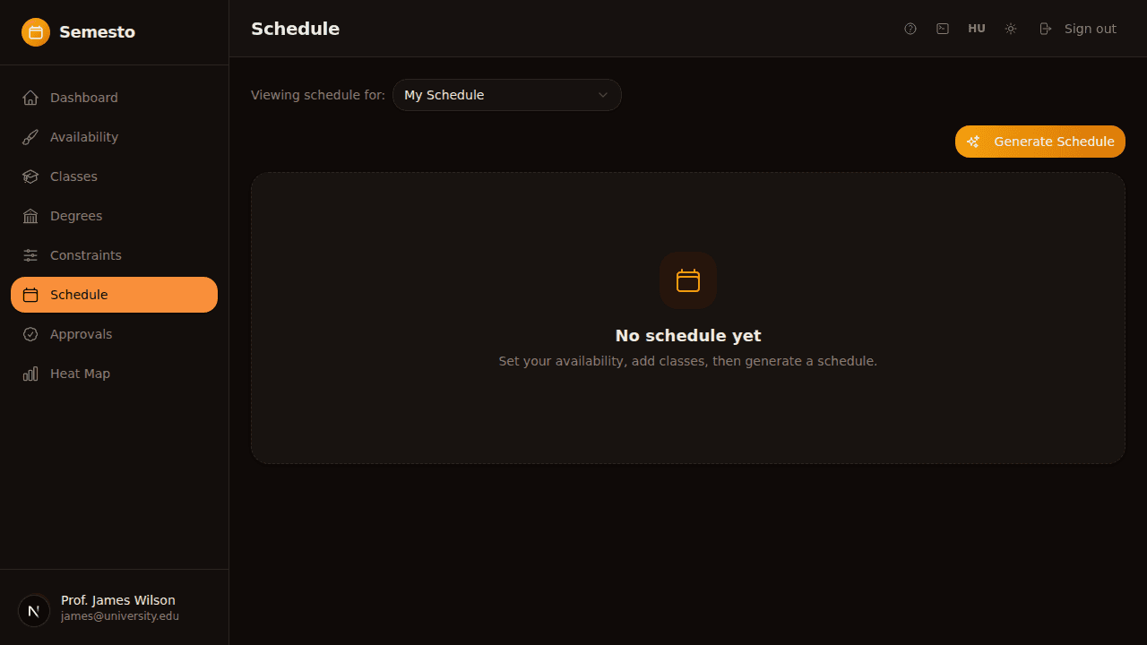 Semesto schedule in dark mode on desktop