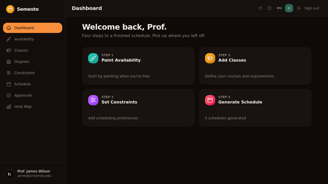 Semesto dashboard in dark mode